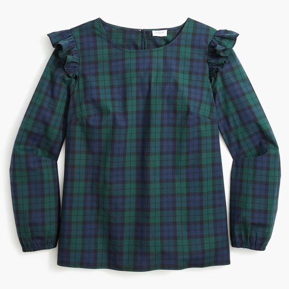 J.Crew Factory Women’s Blue Green Plaid Cotton Poplin Top with Ruffles Size M - Picture 1 of 5